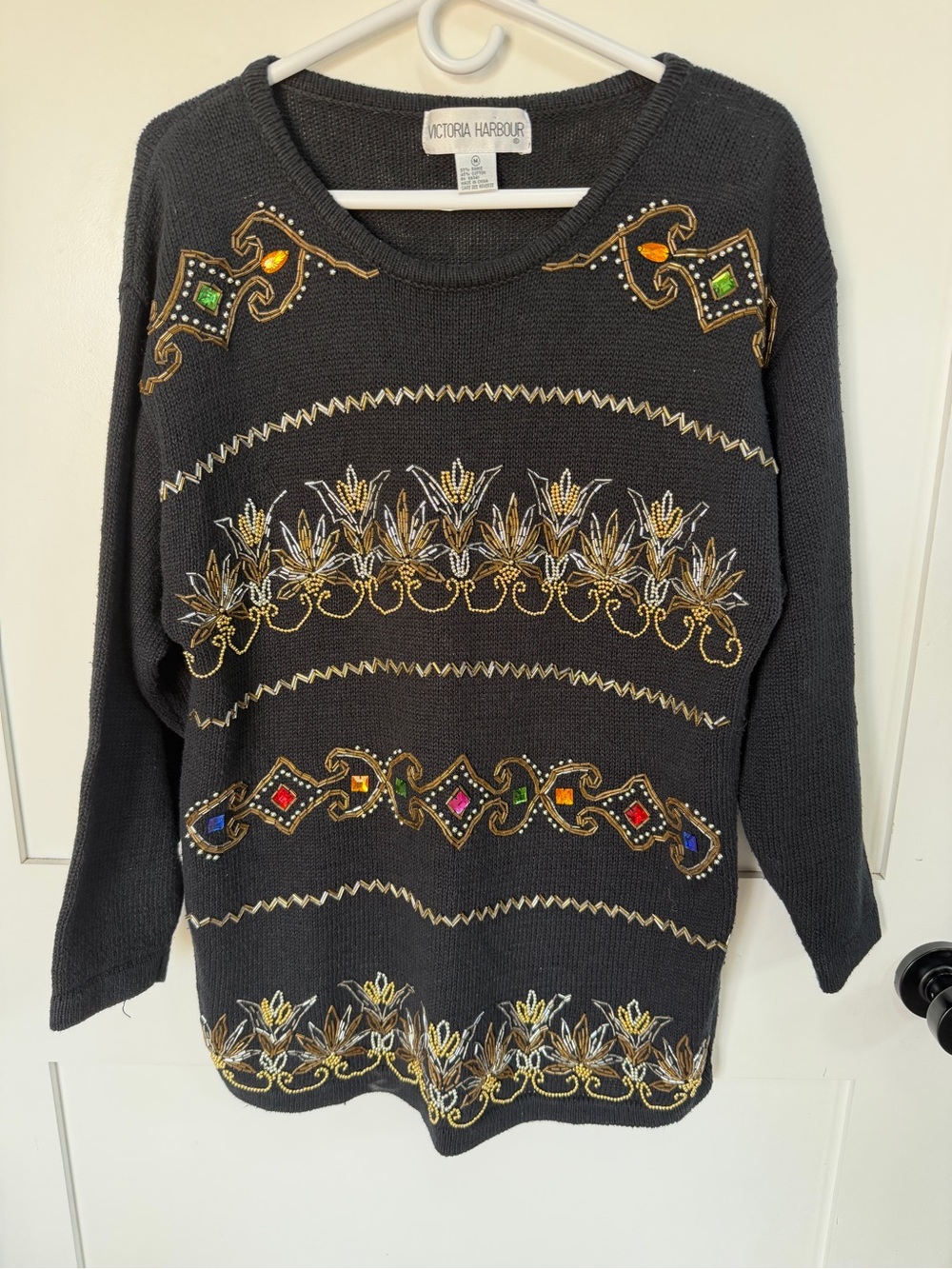 Vintage Victoria Harbor Sweater- M Black Beaded Embellished Knit Sweater